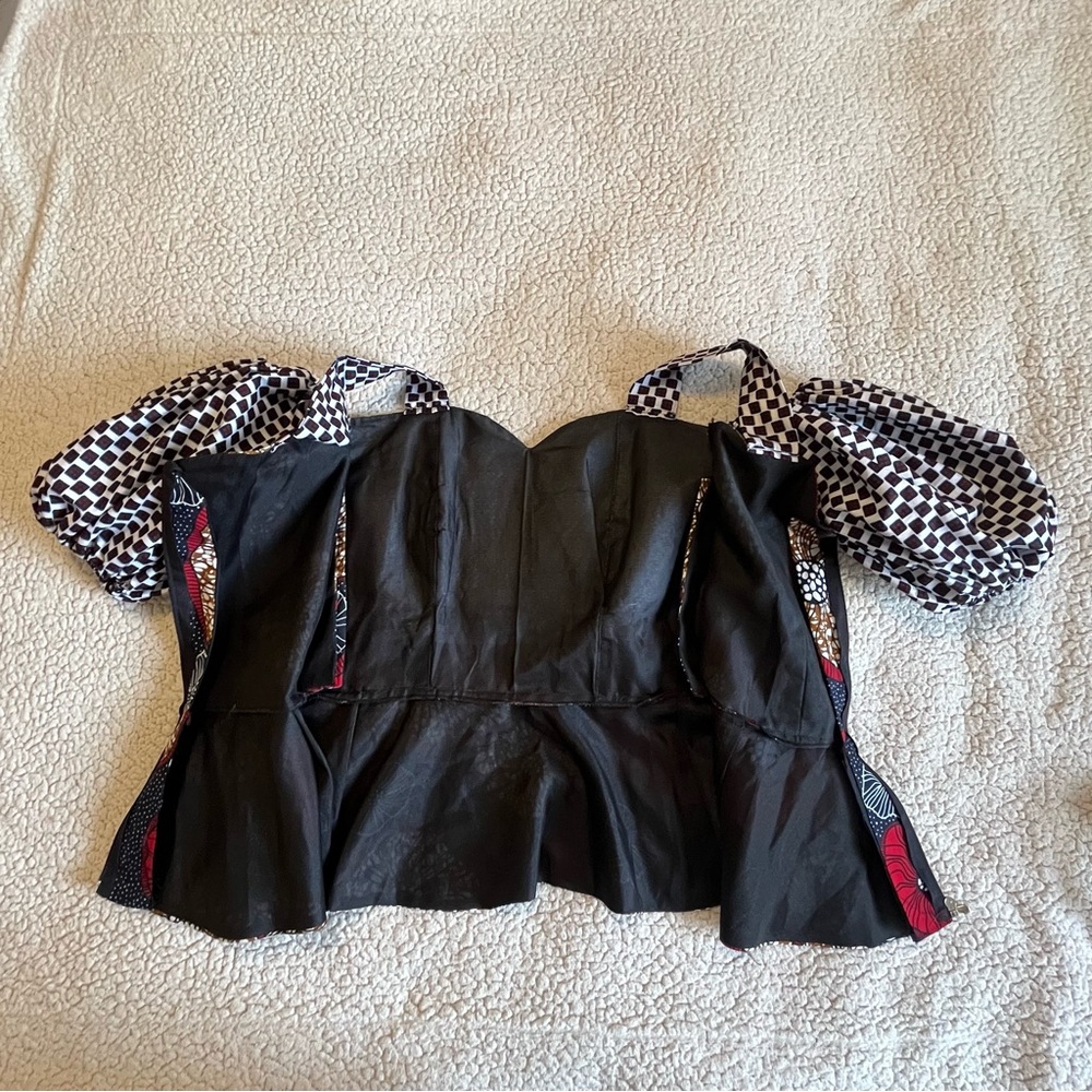 Homemade Custom Off Shoulder Top - Red‎ & Black Cinch Waist Puff Sleeves - Picture 8 of 13